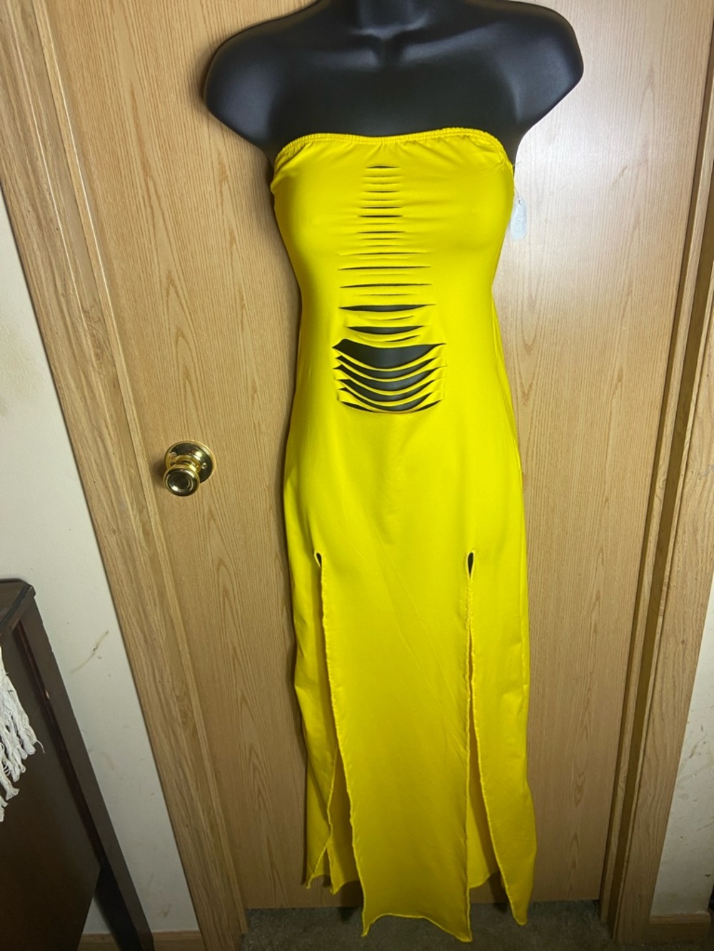 Yellow Strapless Slashed Maxi Dress
